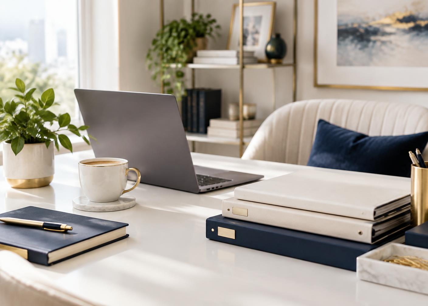 Bureau clair et organisé avec ordinateur portable, classeurs et carnet, symbole d'une gestion administrative sereine
